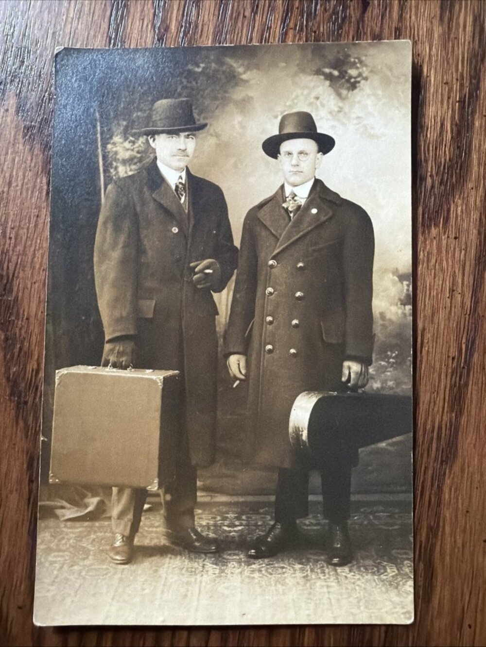 1900โs Photo Postcard Two Men Overcoatsโ Hats Cigarettes Musicians Pennsylvania